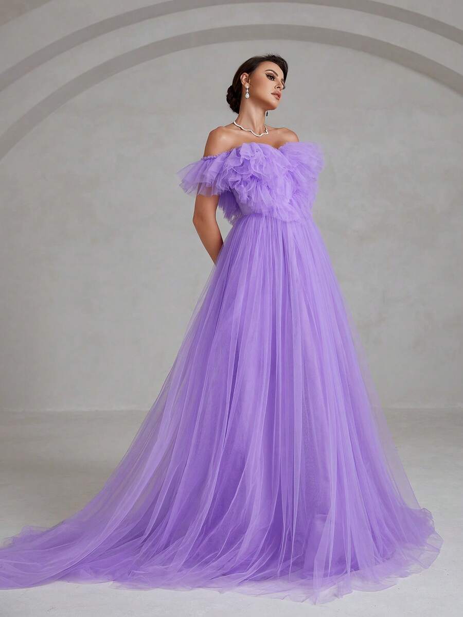 Faeriesty Váy cưới voan mỏng sang trọng, hở vai, thiết kế xếp tầng ở vai, chân váy voan mỏng nhẹ, vạt váy dài thướt tha chạm sàn - Hoàn hảo cho lễ cưới tại nhà thờ, lễ cưới ngoài trời, tiệc cưới trong nhà và chụp ảnh cưới. Mùa xuân - Màu tím - Xem 1