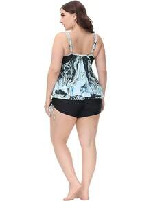 Tankini de talla grande para mujer con parte superior estampada a rayas y tirantes, con shorts, conjunto de dos piezas de traje de baño - Patrón de onda azul y negra - Ver 5