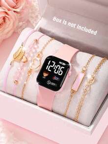 6/1 Juego elegante y lindo de reloj digital rosa y pulsera con hoja para niñas, adecuado para uso diario, regalo de cumpleaños/festividad, accesorios para niñas, perfecto para fiestas, vacaciones, regreso a clases, obsequio a amigos y familiares, Día de San Valentín, Año Nuevo - Multicolor - Ver 4