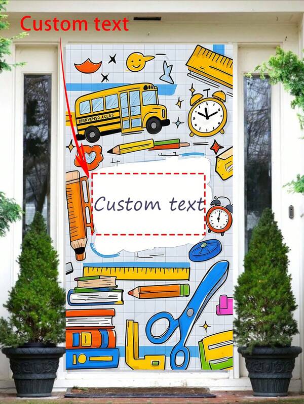 1 pieza Cortina con temática energética de vuelta al colegio - Texto personalizable, material de poliéster, diseño colorido con temática escolar que incluye un autobús amarillo y un lápiz, perfecta para decoración del hogar, dormitorio, oficina o fiesta, decoración de entrada de la escuela, sin necesidad de alimentación eléctrica