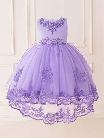Young Girls Pearl Embroidered Tulle Elegant Flower Girl Princess Dress, Suitable For Wedding, Birthday, Piano Recital
