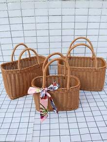 1pc Outdoor Handheld Basket, Woven Rattan Style Tote Basket, Gift Basket, Home Storage Basket, Laundry Basket, Toiletry Basket, Cosmetic Organizer Basket - Multicolor - View 7