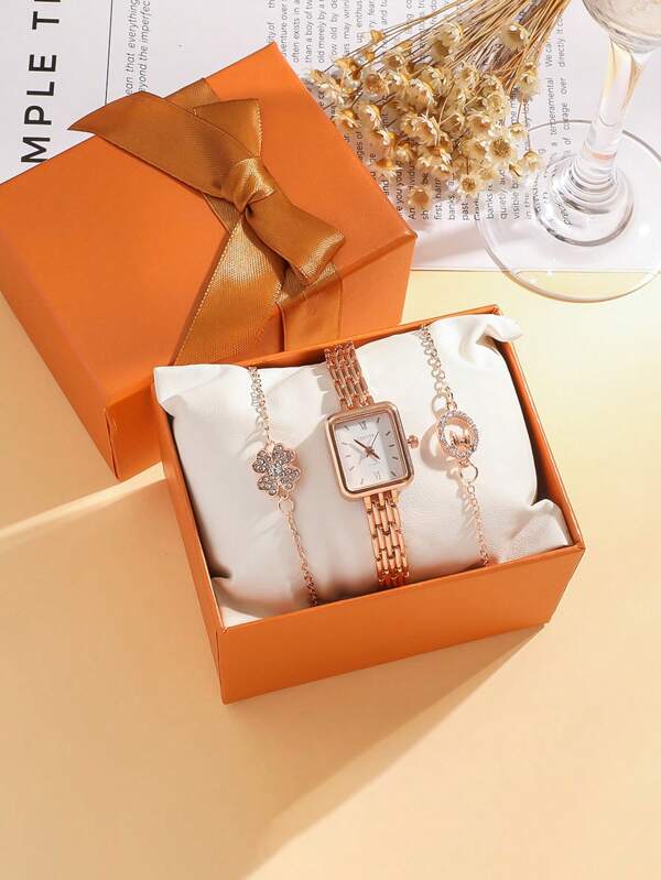 Set de 3 piezas con reloj de cuarzo con esfera cuadrada y correa de acero, talla grande brazalete floral, ideal como regalo de cumpleaños, para uso diario, graduación, etc. (Sin caja)