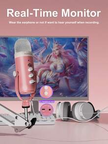Haomuren Gaming Microphone Kit For Phone/PC/Laptop,Podcast Condenser USB Mic With Boom Arm, Cardioid Microphone With Mute Button,Echo Volume Gain Knob,Adjust Monitor For Living Streaming, Recording, Podcasting, No Lightning Adapter - Pink - View 7