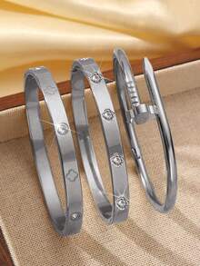 Znice 3pcs 18K Gold Plated Stainless Steel Four-Leaf Clover Nail Bracelet, Suitable For Women's Party, Daily Wear, European And American Style, Personalized, Generosity, Luxury Wristband, Wedding Jewelry Set, Gift For Girls, Ladies, Relatives, Friends, Beautiful Wedding, Birthday, Valentine's Day, Mother, Mother's Day - Bracelet - View 3