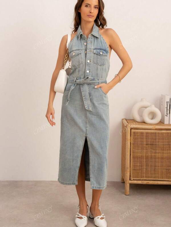 - Jeans sem mangas - Vestido com fendas e bolsos - Jeans sem mangas - Jeans sem mangas com fendas e bolsos para uso no escritório