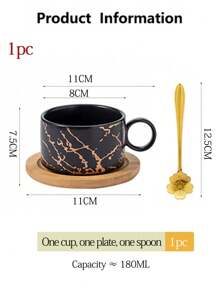 4pcs/Set Ceramic Marble Coffee Cup Set With Gold Stand, Including 4 Cups, 4 Saucers, 4 Spoons, Available In Turquoise Flower Design, 180ml Cappuccino/Latte Cups With Marble Pattern In Black Or White, Handled Espresso Cups