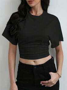 Black Comfortable Cotton Knit Crew Neck Short Sleeve T-Shirt, Regular Hem Cropped Tee For Women, Spring And Summer Casual - Black - View 6