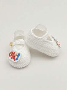 1 Pair Infant Crochet Booties With OK Embroidered Letters, White Knit Infant Shoes With Button Strap - White - View 7