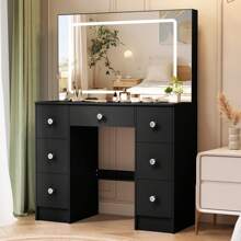 100cm Dressing Table Black Vanity With LED Mirror And Drawers Makeup Desk Set - LED Lighted Mirror Dresser Table With Drawers Vanity Desk Bedroom