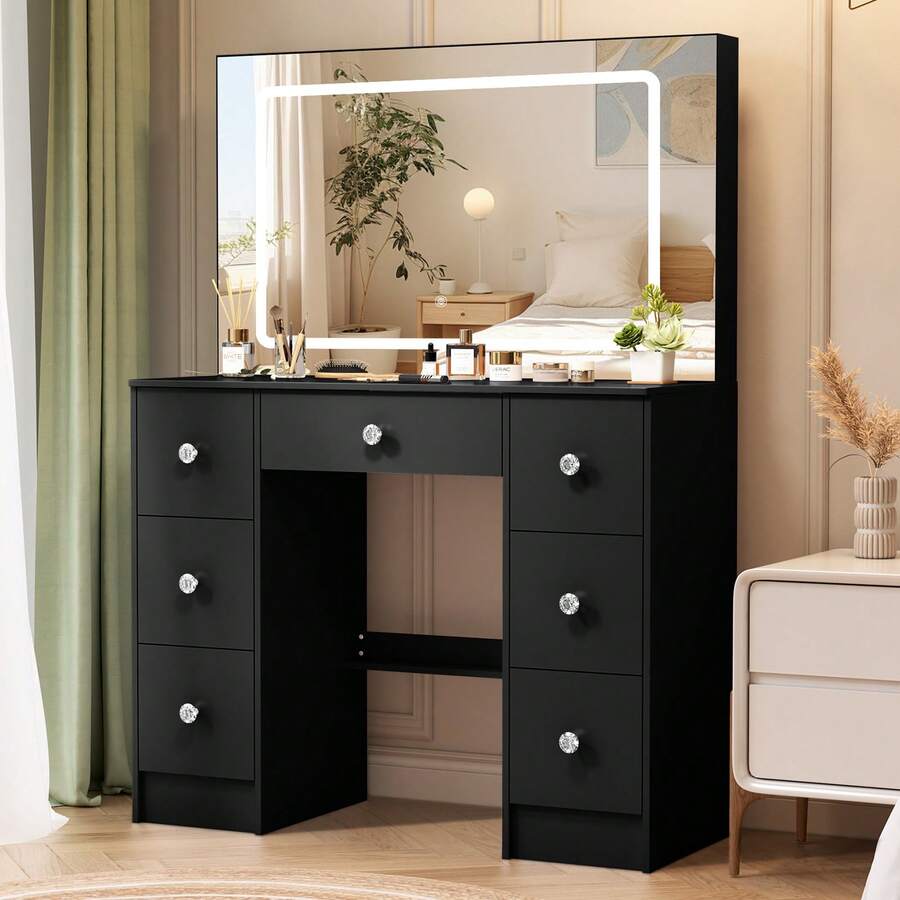 100cm Dressing Table Black Vanity With LED Mirror And Drawers Makeup Desk Set - LED Lighted Mirror Dresser Table With Drawers Vanity Desk Bedroom