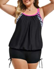Womens Plus Size Striped Printed Strappy Tankini Top With Shorts Two Pieces Swimsuit - Floral Print - View 2