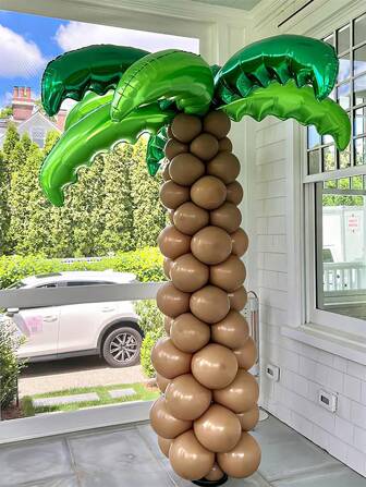 66pcs/Set Palm Tree Balloon Kit, 6 Foil Green Palm Leaves & 60 Brown Latex Balloons, Suitable For Hawaiian Luau Tropical Party, Birthday Party, Beach Pool Party Decor, Flamingo Theme Birthday