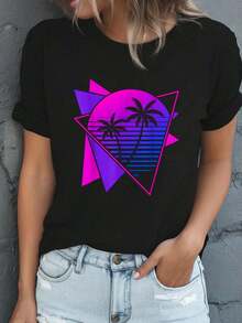 100% Cotton Retro 80S Vaporwave Aesthetic Palm Trees 90S Art Vaporwave T-Shirt,Fashion Casual Short-Sleeved T-Shirts For Men And Women - Black - View 1