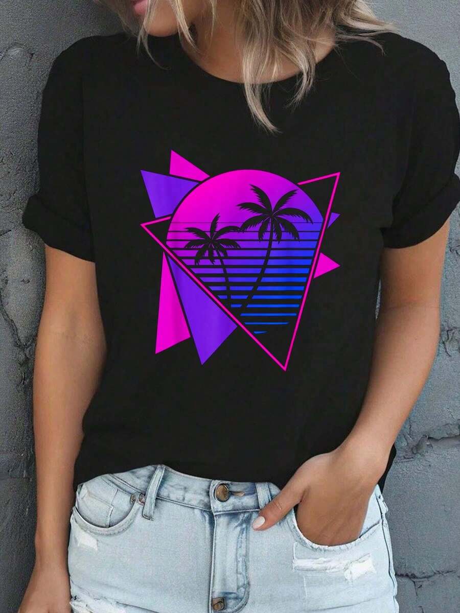 100% Cotton Retro 80S Vaporwave Aesthetic Palm Trees 90S Art Vaporwave T-Shirt,Fashion Casual Short-Sleeved T-Shirts For Men And Women - Black - View 1