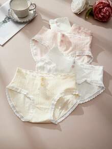 5件套女士三角裤，波浪蕾丝，可爱甜美图案设计，透气舒适的针织面料，白色内裤，粉色内裤，粉色花朵，女士可爱内裤，日常穿着，节日婚礼穿着，仙女风格