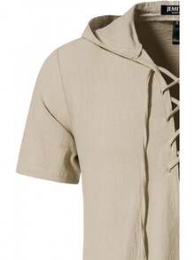 S.Men's Cotton Vintage Hooded Design Short Sleeve Lace Up Shirts Renaissance Medieval Costume - Yellow - View 10