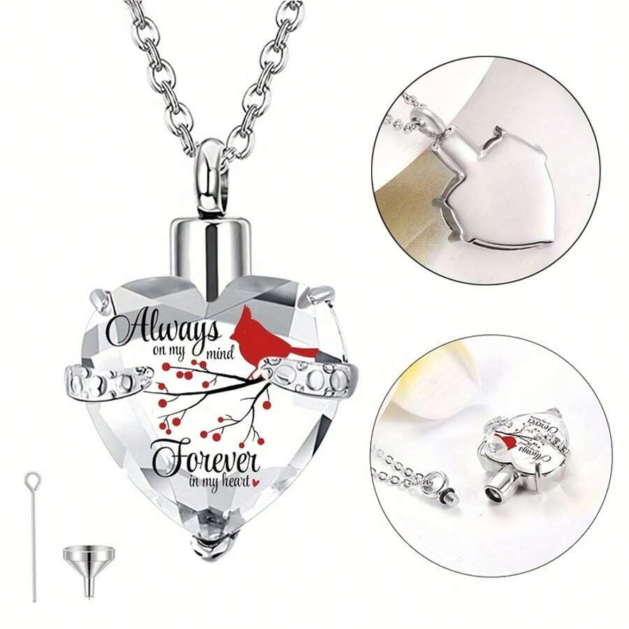 Crystal Heart Cremation Jewelry Memorial Urn Necklace For Ashes, Stainless Steel Ash Holder Pendant Keepsake Gift Charms Accessories For Human Pet - Silver - View 1