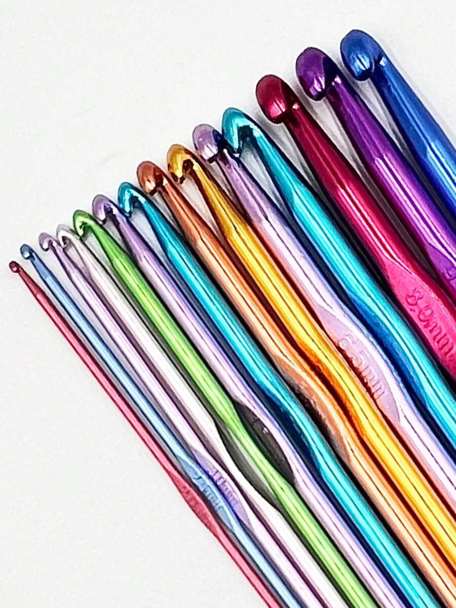 14件套铝制钩针套装，铝制编织针，专业钩针编织工具包，DIY手工（14种尺寸，2毫米-10毫米）——送给钩针爱好者的礼物 - 彩色 - 查看 1