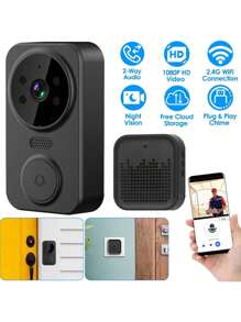 Doorbell Camera Wireless, 1080P Smart Wireless Video Doorbell Camera With Chime, 2.4GWiFi, 2-Way Audio, Night Vision, Free Cloud Storage Security Doorbell For Home Office,