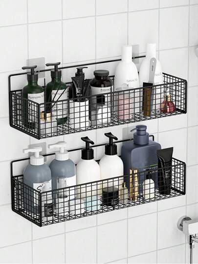 1/2pcs Wall-Mounted Bathroom Storage Rack, No-Hole Bathroom Shelf, Shower Caddy Organizer With Hooks, For Vanity Wall Mount Storage, Bathroom Decor & Accessories, Practical Shelf