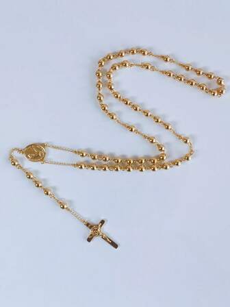 Collar de acero inoxidable para mujer, colgante con la Virgen María y la cruz de Jesús, cadena larga con cuentas, joyería de moda