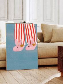 1幅复古趣味极繁主义老虎墙画，多巴胺动物之爱帆布海报，幽默老虎吃披萨图案油画；粉色兔子拖鞋墙画，条纹睡衣帆布海报，极简主义美学海报；卧室装饰 - 彩色 - 查看 5