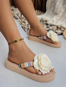 女士白色花卉图案厚底人字拖，休闲防滑拖鞋，沙滩坡跟凉鞋，女士度假鞋 - 卡其色 - 查看 5