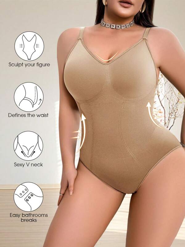 Plus Size Women's One-Piece Shapewear, Adjustable Straps, Crotch With Button Closure, Slimming Bodysuit