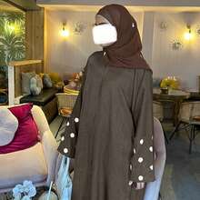 Floral Embroidered Beaded Flare Sleeve Abaya, Traditional Arabic Robe Spring - Olive Brown - View 4