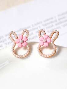 1 Pair Korean Cute Flower Rabbit Ear Studs With Sweet Mini Pearl Design, Fresh & Adorable Earrings For Girls