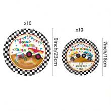 10/20/40/50pcs, Monster Truck Party Tableware Set Monster Truck 7 Inch/9 Inch Plate Car Birthday Party Supplies Decoration Black And White Plaid Theme Birthday Supplies Monster Truck Theme Paper Plates, Napkins And Cups Set, Disposable Party Tableware For Kids Birthday Party, Family Picnic - Multicolor - View 8