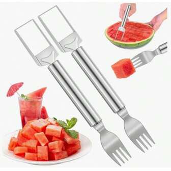 2pcs/Set 2 In 1 Watermelon Slicer & Fork, Dual-Head Stainless Steel Fruit Cutter Slicer For Watermelon, Grape, Pineapple, Mango, Banana, Kitchen Tools