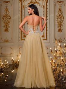 VIPGIRL Vestido de gala de tul con lentejuelas dorado champán, vestido de noche con tirantes finos brillantes, vestido formal con abertura, vestido maxi escote corazón para mujer, vestido de fiesta glamoroso, atuendo para graduación y gala