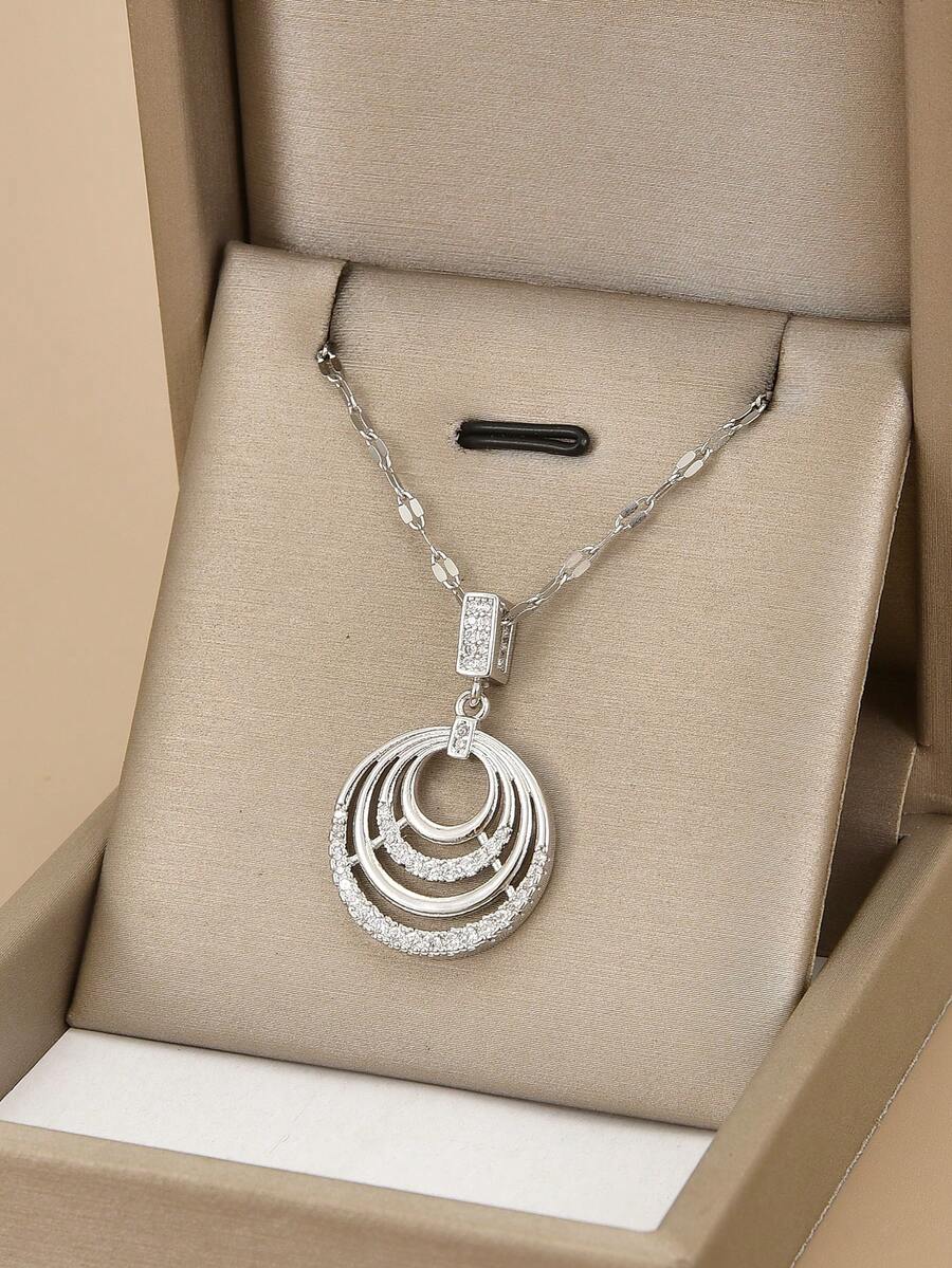 1 件全水钻几何四环不锈钢奢华女士项链 - 銀色 - 查看 1