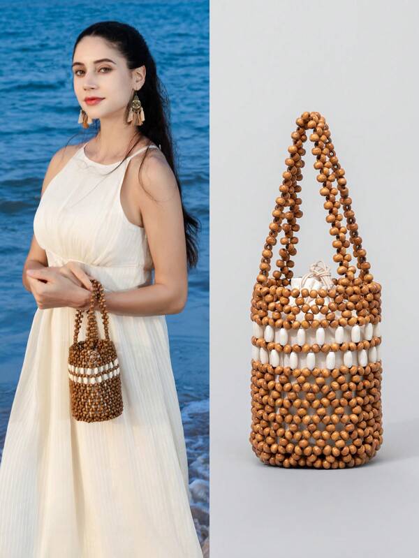 ENSPT Einteiliges Farbblockdesign Perlen Cut Out Ahornholz Material Damen Handtasche mit Kordelzugverschluss und abnehmbarer Innentasche, Eimer Tasche für Damen Strandurlaub und Reisen.