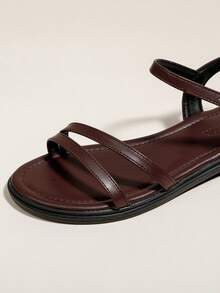 Women's Brown Coffee Flat Peep Toe Strap Sandals, Minimalist Slim Straps Soft Sole Beach Flip Flops, Summer