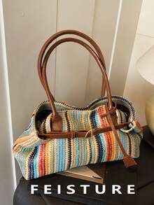 FEISTURE 1pc Colorful Woven Tote Bag, Large Capacity, Strap Decor, Magnetic Closure, Suitable For Daily Commute, Shopping, Vacation Travel - Brown - View 4