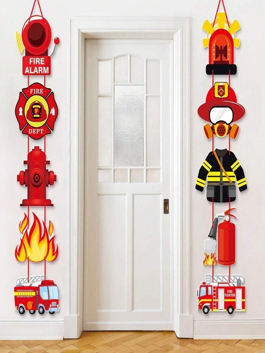 1/2/4 Set, Coppie di carta per porta di compleanno da vigili del fuoco, design vivace di camion dei pompieri e soccorso dei vigili del fuoco, carta resistente, adatto per compleanno, anniversario, festa, decorazione della casa, decorazione della stanza - Multicolore - Visualizzare 1