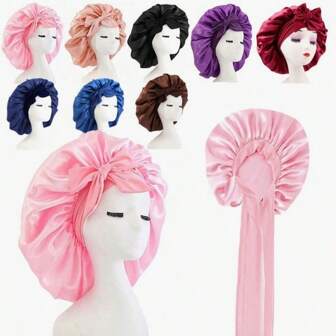 1pc Silk Double-Layer Sleep Cap, Elastic Strap Bow Haircare Hat, Women Anti-Slip Washing Face Makeup Styling Cap, Daily Hair Care Essential