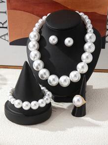 1 Set Elegant Beaded Necklace, Bracelet, Earrings, Ring Jewelry Set, Fashionable Design With High-End Style
