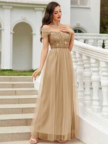 CHOSMO Elegant Solid Color Formal Dress, Knitted Fabric With Backless, Mesh Inset, Sequin Accent, Women's Dress For Prom, Wedding, Birthday Party, Anniversary, Graduation Party, Music Festival, Formal Occasion, Photoshoot, Stage Performance