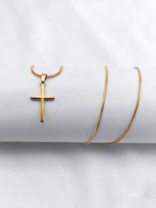 1pc Elegant French Chic Oil Pressed 3D Stainless Steel Cross Pendant Necklace, Luxury Minimalist Design, Versatile Holiday Jewelry - Silver - View 6