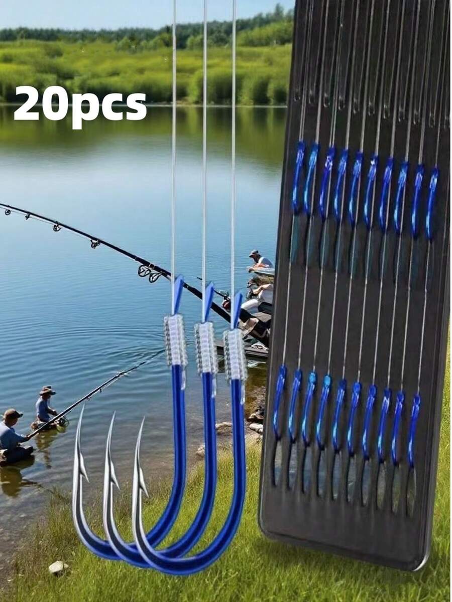 20pcs/10 Pairs Fishing Hooks Suitable For Freshwater Fishing, Small To Medium Sized Fish - Blue - View 1