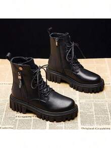 Women's Thick Sole Lined Zipper Short Motorcycle Boots, British Style, Spring/Autumn - View 1