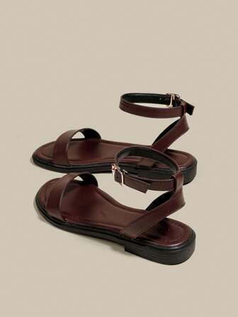 Women's Coffee Brown Flat Open Toe Strap Sandals, Minimalist Thin Strap Soft Bottom Beach One-Buckle Strap Sandals For Summer