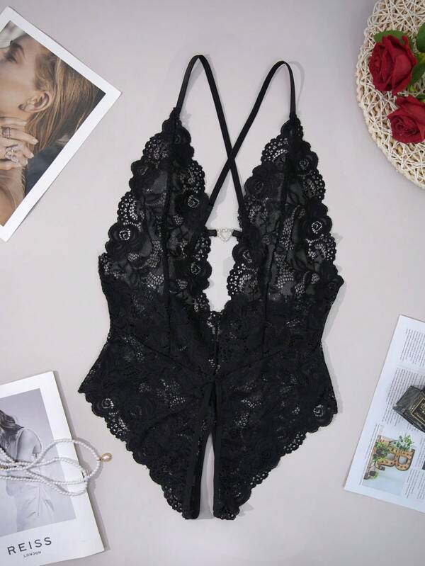Vrouwen Lace-Up Sheer Lace Backless Teddy Lingerie