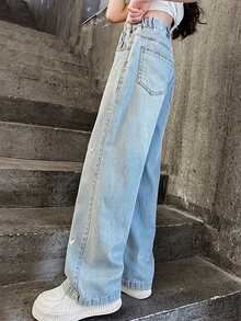 Jeans larghi smanicati casual per ragazza adolescente con ricamo a forma di cuore e lavaggio ad acqua