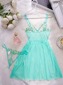 Women Solid Color Mesh Lace Splice See-Through Sexy Camisole Nightgown, Rave - Mint Green - View 2