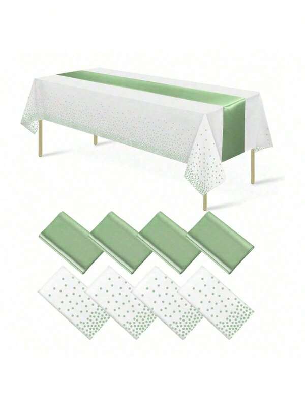 1 pièce/4 ensembles de nappe en plastique et de chemin de table en satin jetables. Nappe blanche et verte sauge à pois, chemin de table en satin vert pour décorations de mariage, anniversaire, fête des vacances